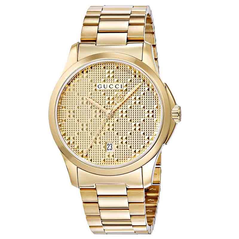 Gucci G-Timeless yellow gold watch angled view showing case and bracelet details