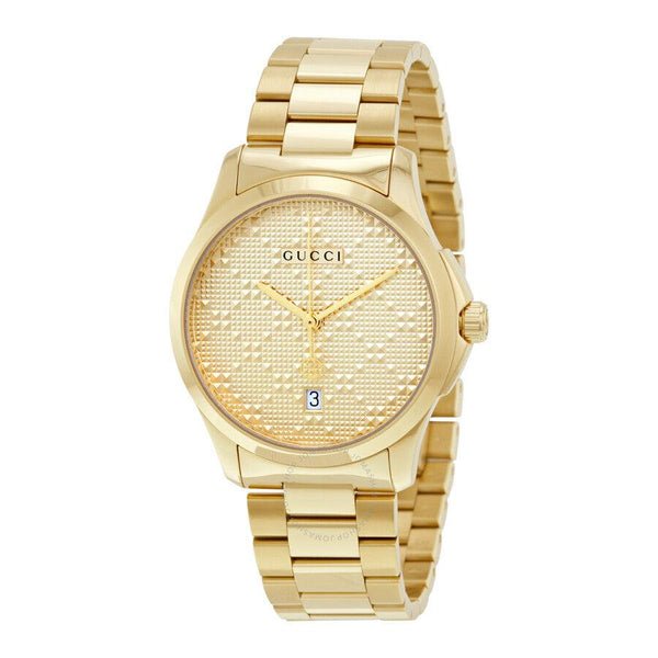 Gucci G-Timeless yellow gold watch with diamond pattern dial and Arabic numerals