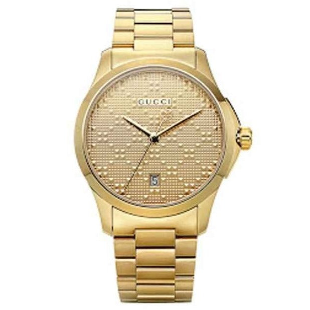 Gucci G-Timeless yellow gold watch front display with diamond textured dial