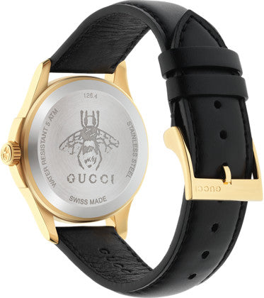 GUCCI G-Timeless caseback showing bee emblem and Swiss made marking