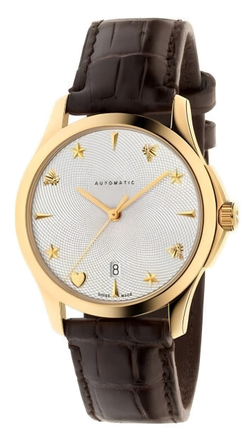 Gucci G Timeless automatic watch with silver dial, gold-tone case, brown leather strap