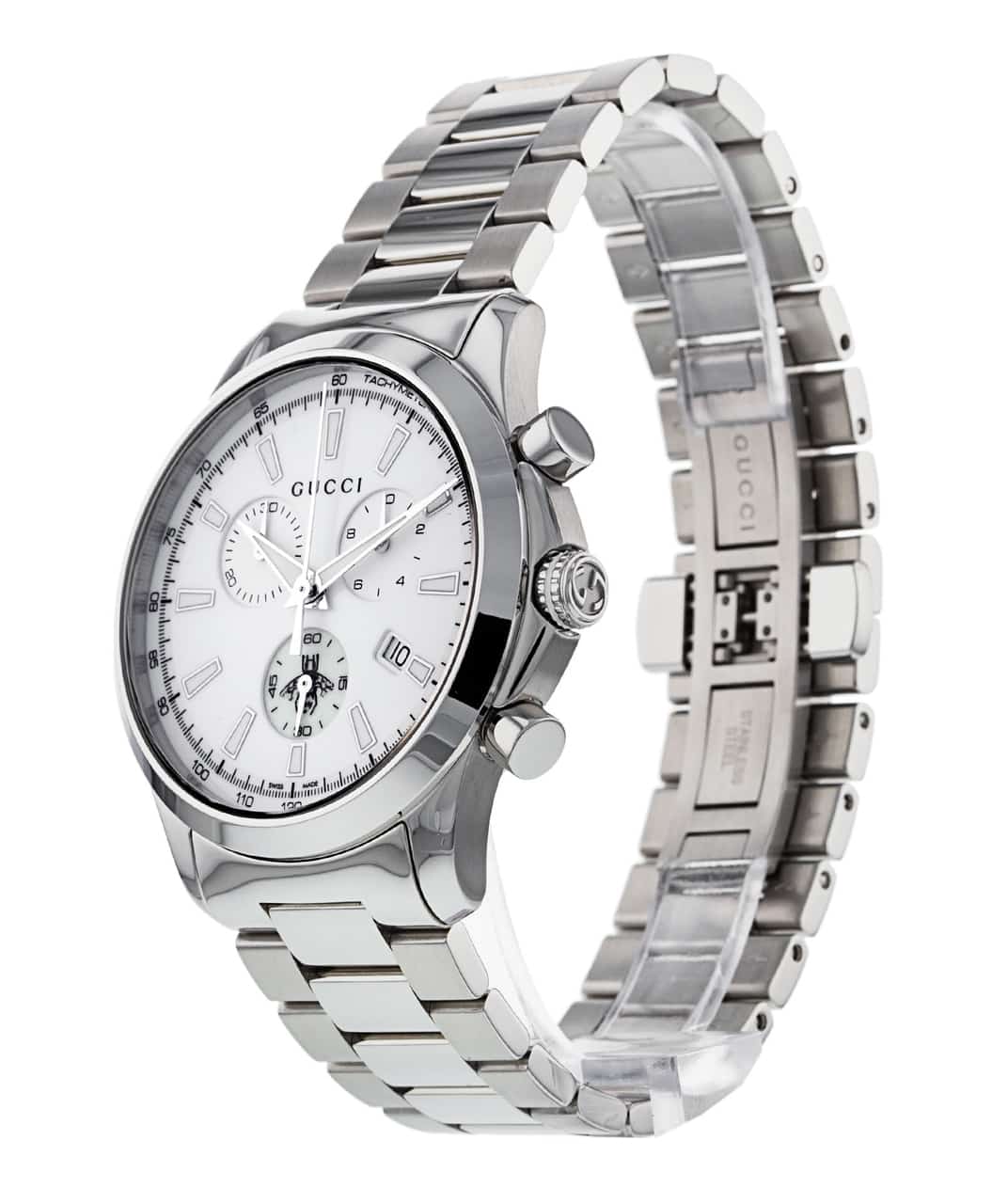 Gucci G-Timeless YA126472 chronograph watch shown from side angle with steel band displayed