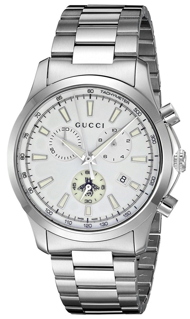 Gucci G-Timeless 38mm steel chronograph watch with silver dial and steel bracelet