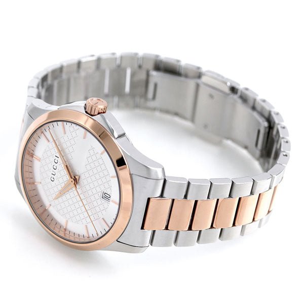 Gucci G-Timeless watch angled view showing two-tone bracelet and rose gold case
