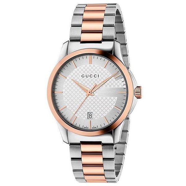 Gucci G-Timeless silver dial watch with two-tone stainless steel case and bracelet