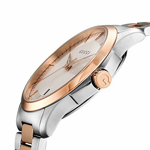 Gucci G-Timeless watch side profile with crown, two-tone case and bracelet