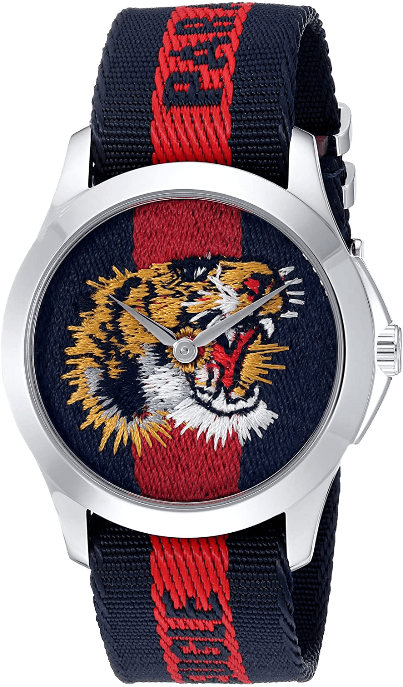 Gucci G Timeless watch with embroidered tiger head on blue and red dial, navy and red nylon strap