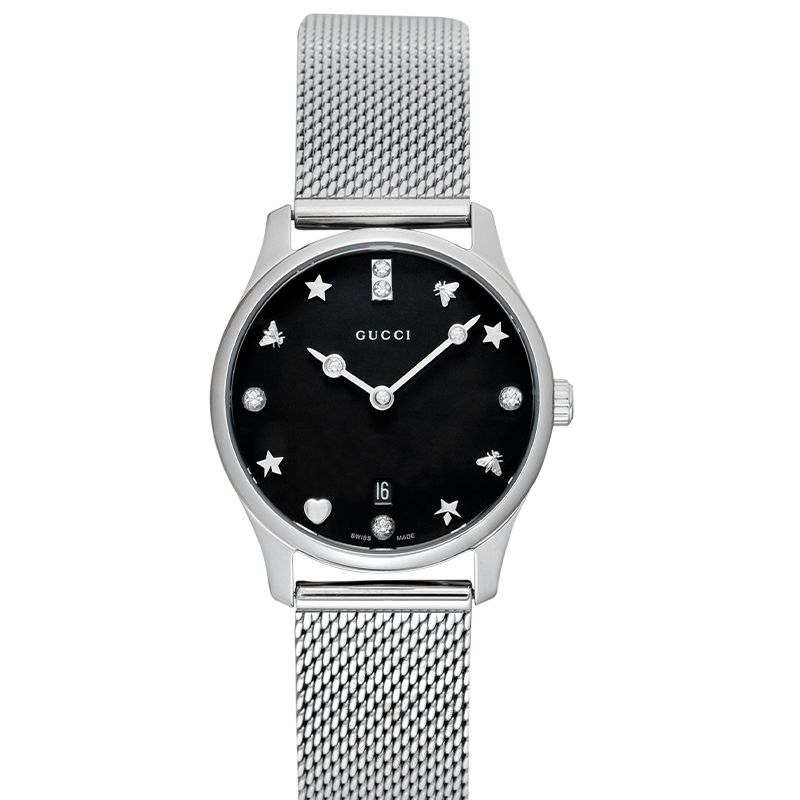 Gucci G-Timeless ladies watch with black dial, star and diamond hour markers, mesh strap
