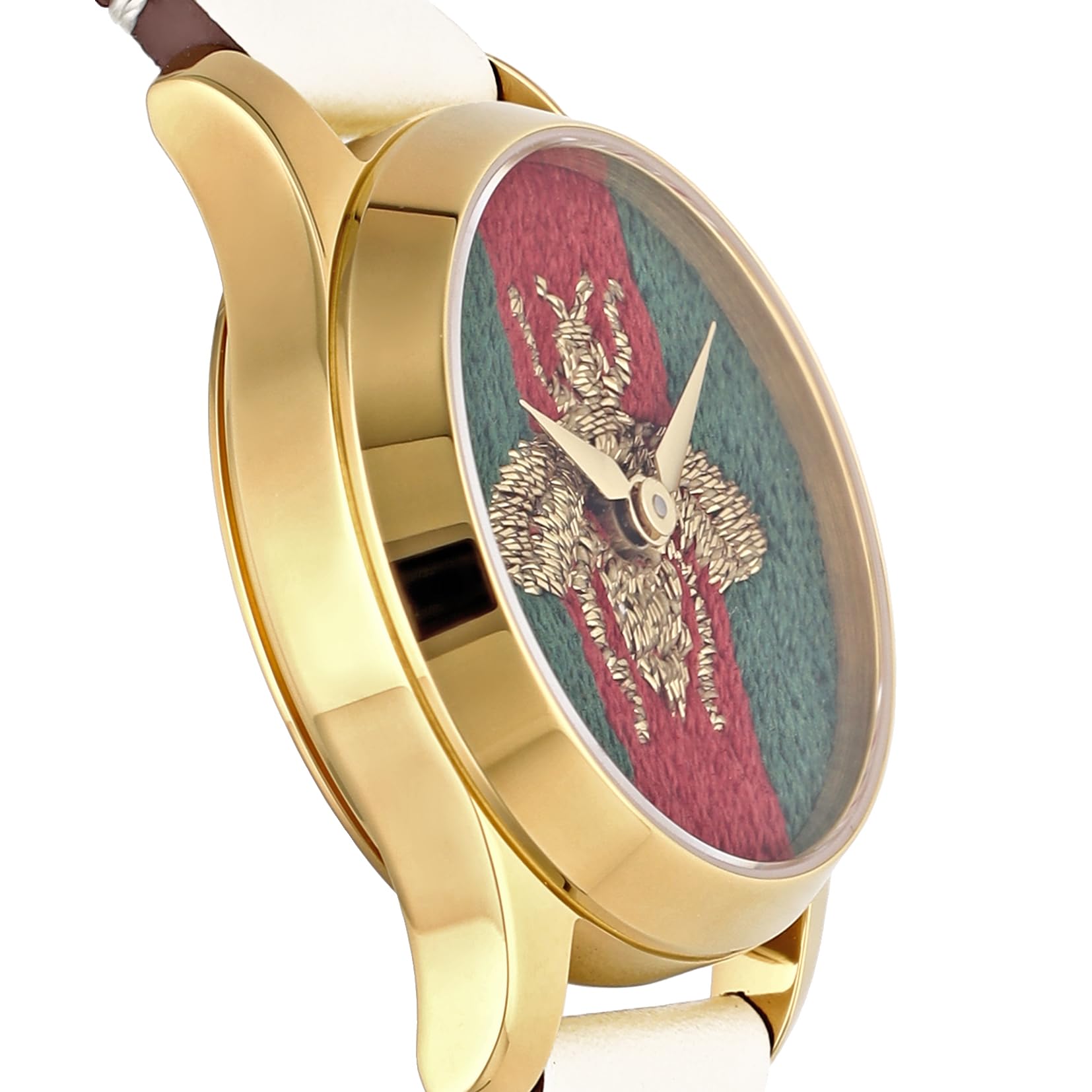 G-Timeless watch at angle with gold case, striped dial, and bee embroidery