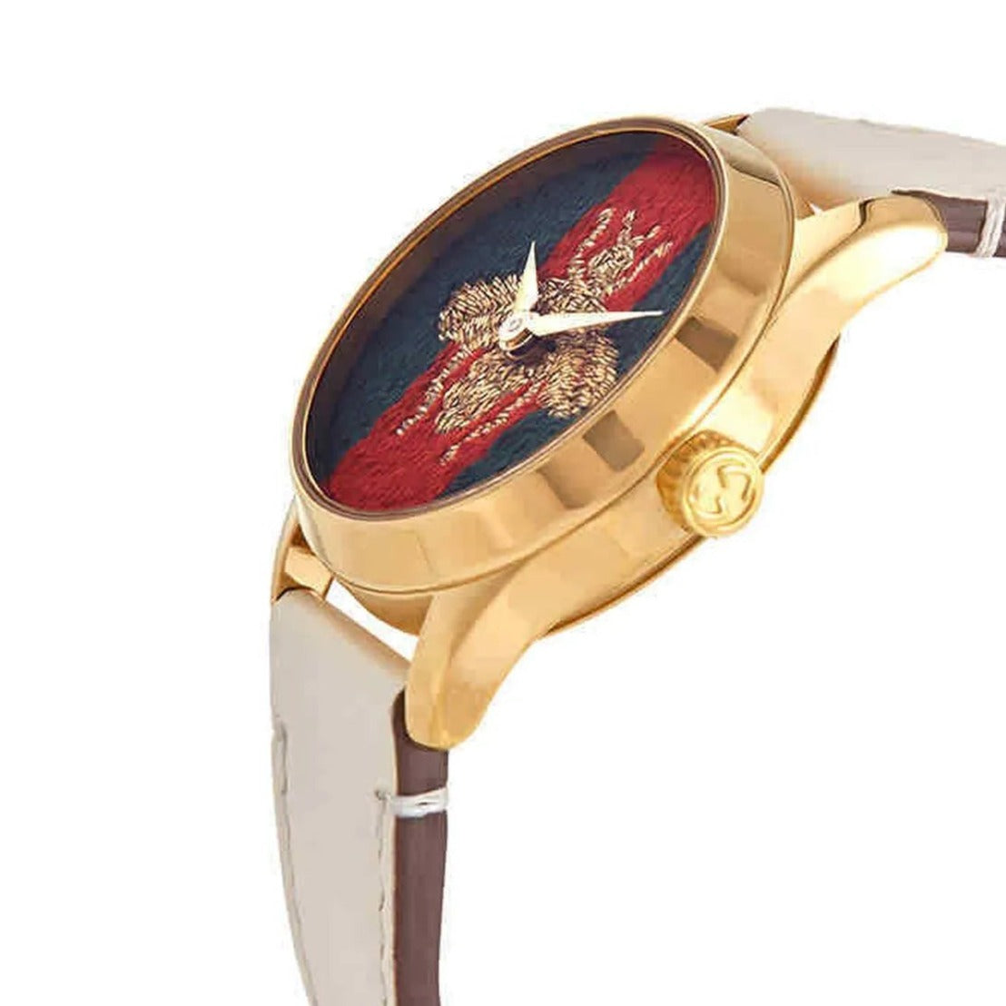 G-Timeless watch at angle showing gold case and striped dial with bee