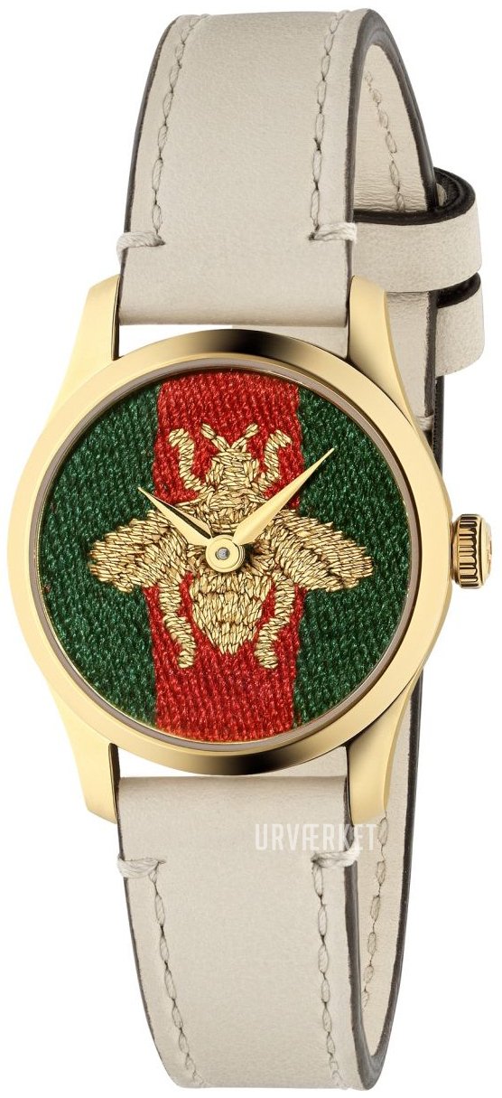 Gucci G-Timeless watch with bee embroidery and cream leather strap