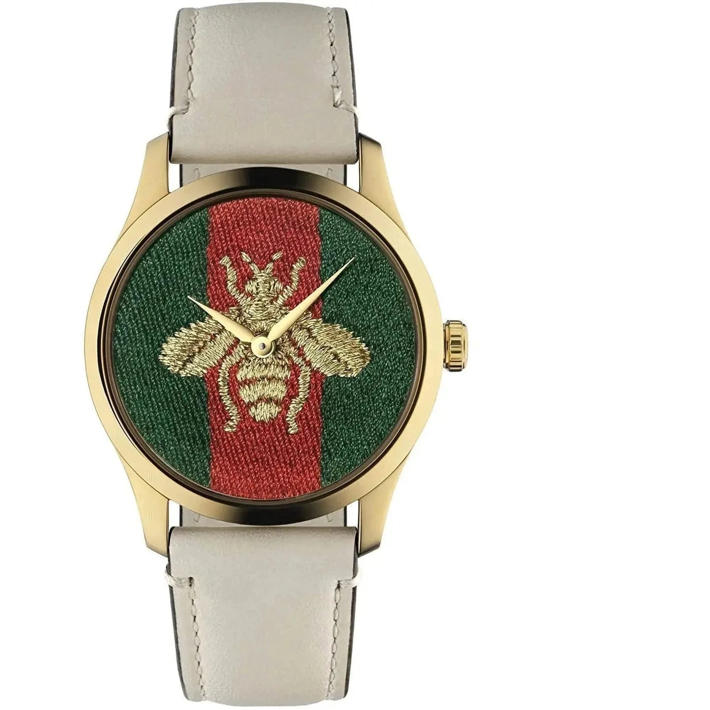 G-Timeless 29mm watch front view with embroidered bee motif dial