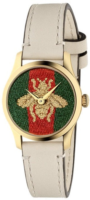 G-Timeless 29mm watch with gold case and embroidered bee on green and red dial