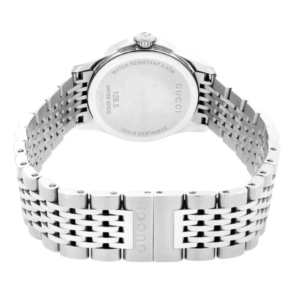 Gucci G-Timeless watch caseback showing water-resistant and movement specifications