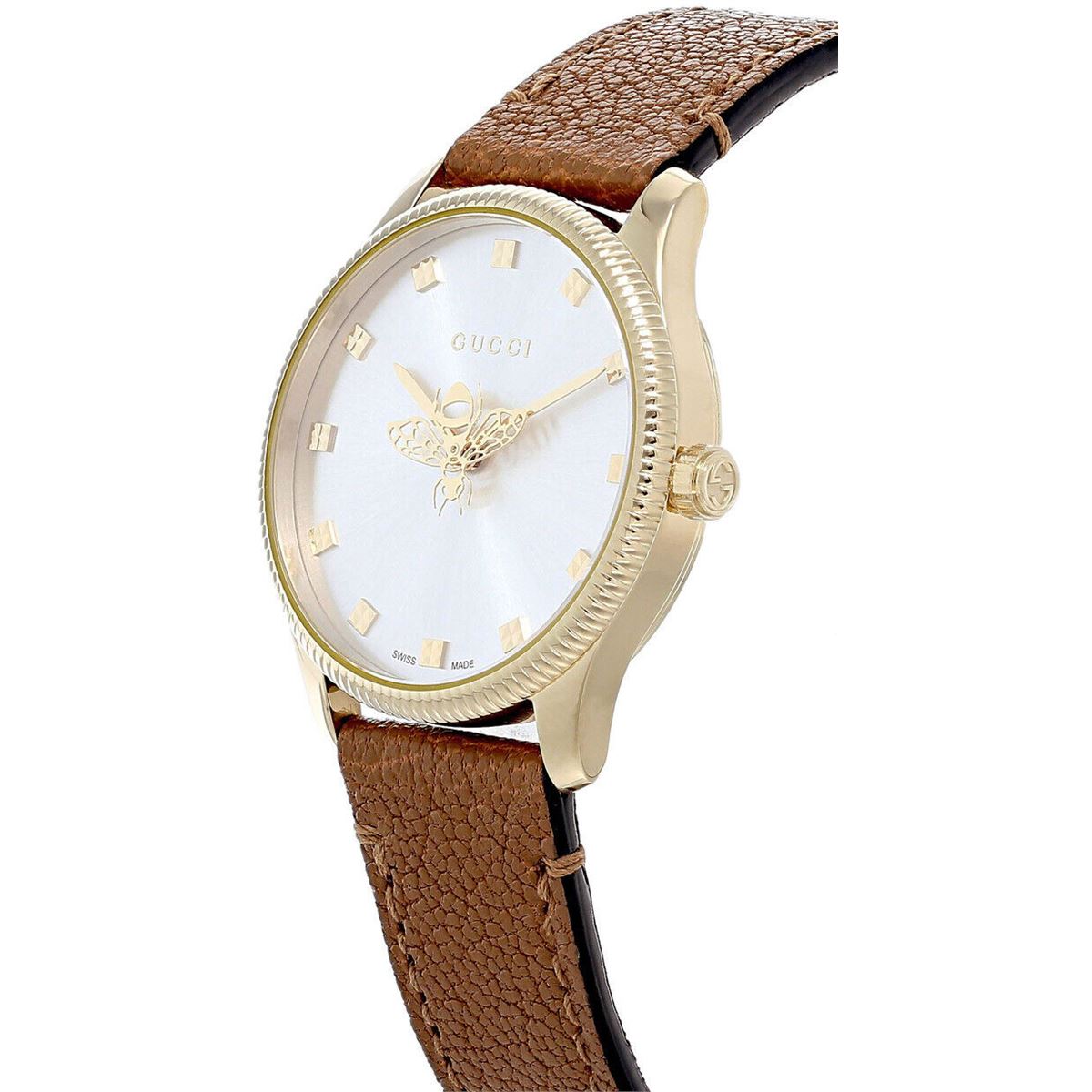Gucci G-Timeless watch angled view showing case profile and brown leather strap