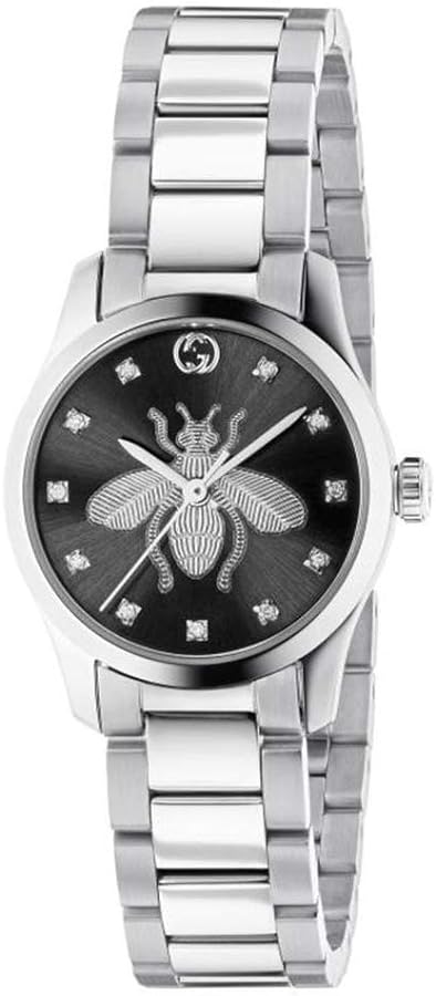 Gucci G-Timeless ladies watch with black dial featuring bee motif and diamond hour markers on stainless steel bracelet