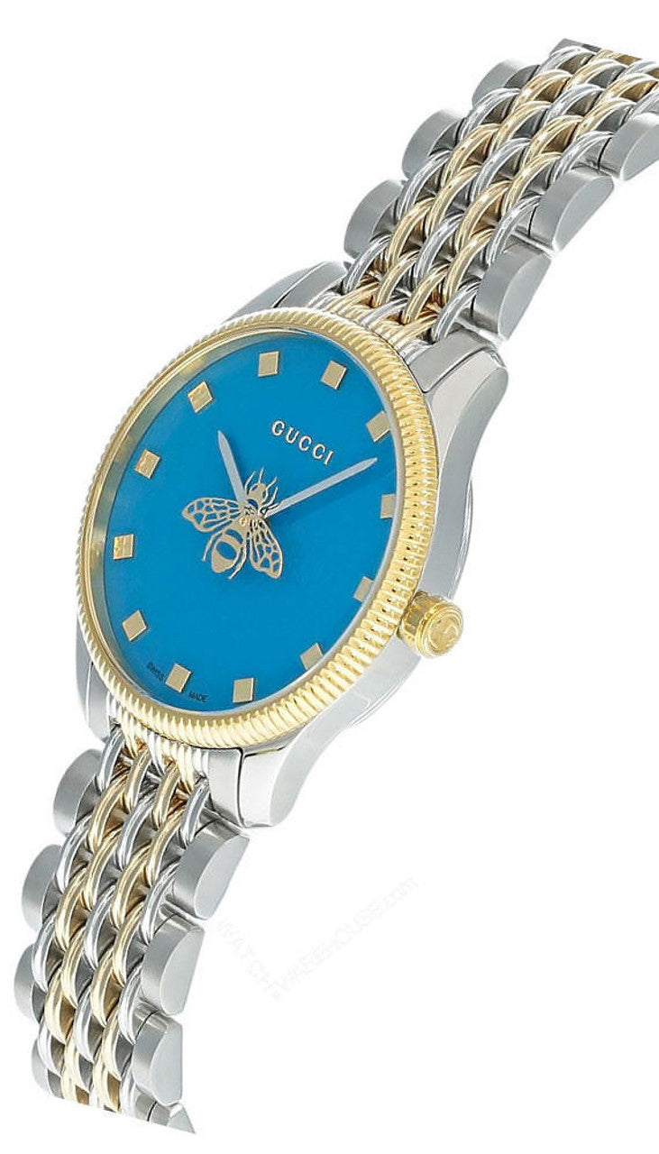 Gucci G-Timeless YA1265029 angled view showing two-tone steel and gold bracelet