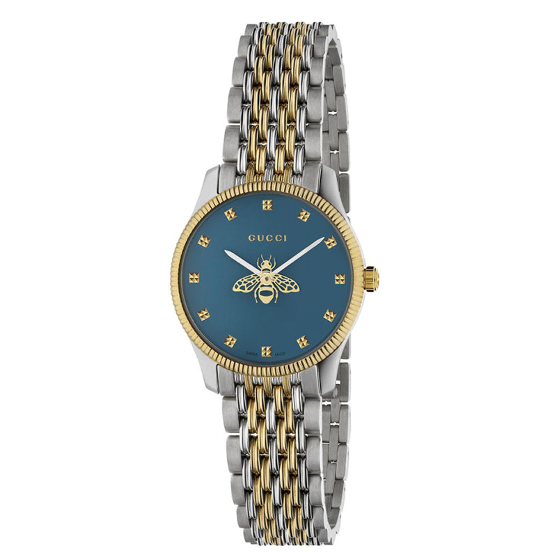 Gucci G-Timeless YA1265029 with blue dial, gold bee, and two-tone bracelet