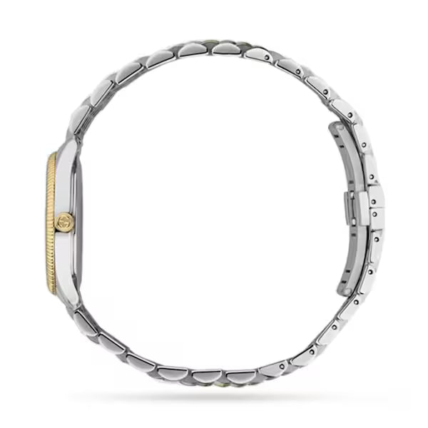 Gucci G-Timeless YA1265029 side view of two-tone stainless steel bracelet
