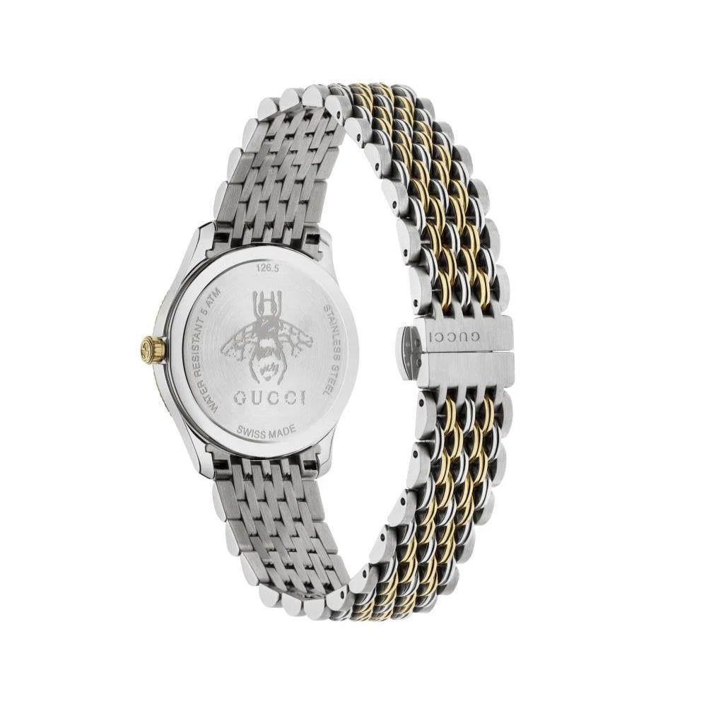 Gucci G-Timeless watch caseback showing bee engraving and stainless steel two-tone bracelet