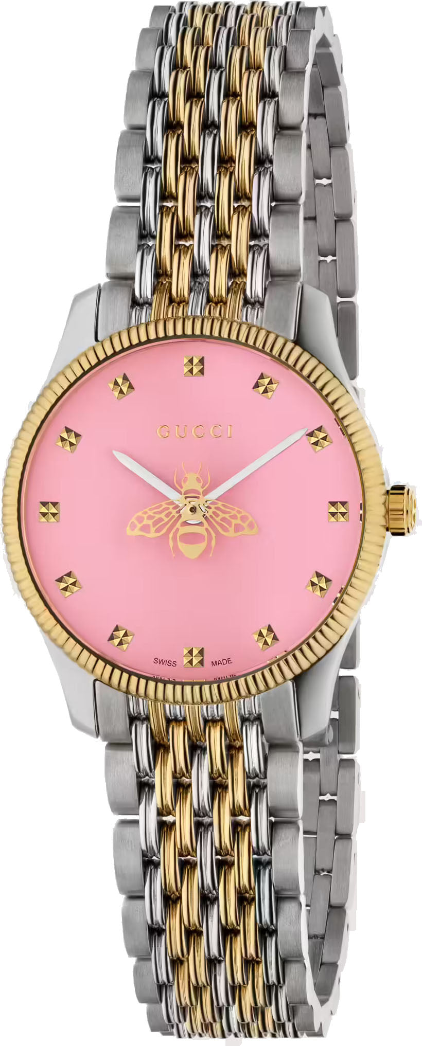 Gucci G-Timeless ladies watch with pink dial, bee motif, and two-tone stainless steel bracelet