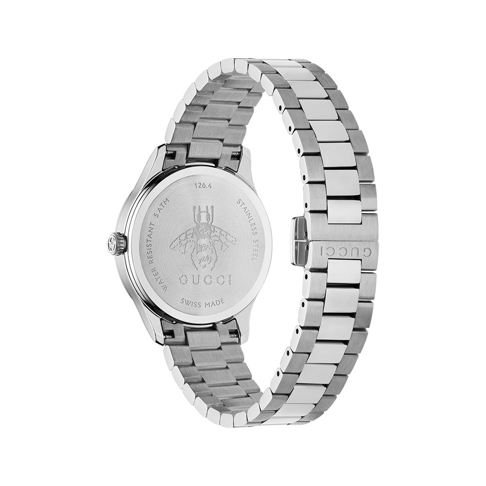 Gucci G-Timeless watch caseback showing bee engraving and Swiss made marking