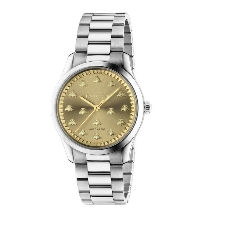 Gucci G Timeless quartz women's watch with champagne gold dial and stainless steel bracelet