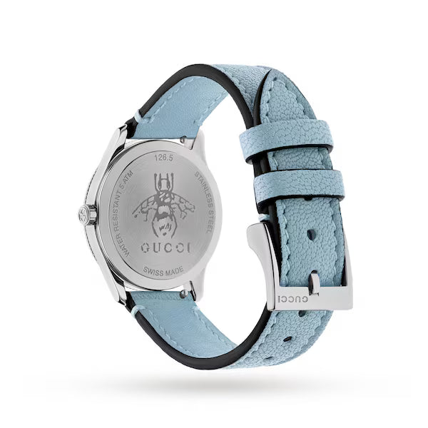 G-Timeless watch side profile showing case thickness and blue leather strap