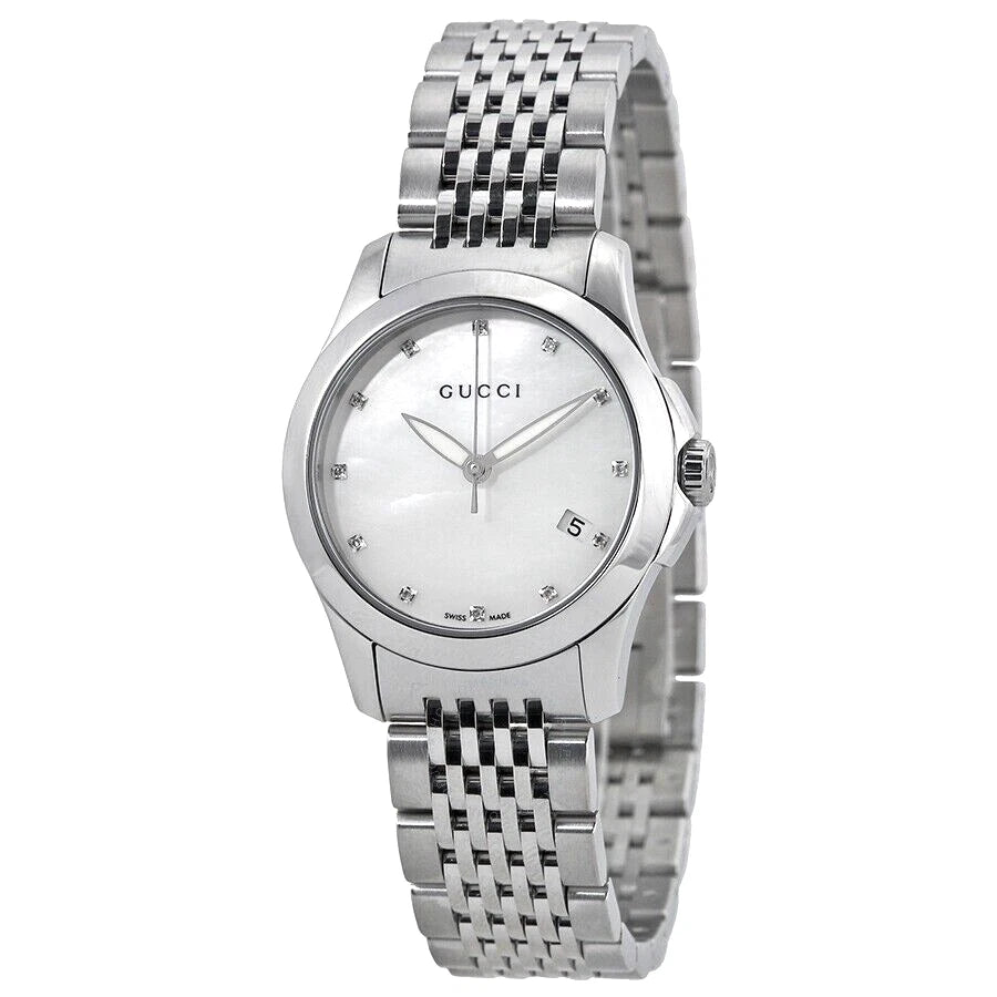 GUCCI G-Timeless women's watch with mother of pearl dial and diamond hour markers on stainless steel bracelet