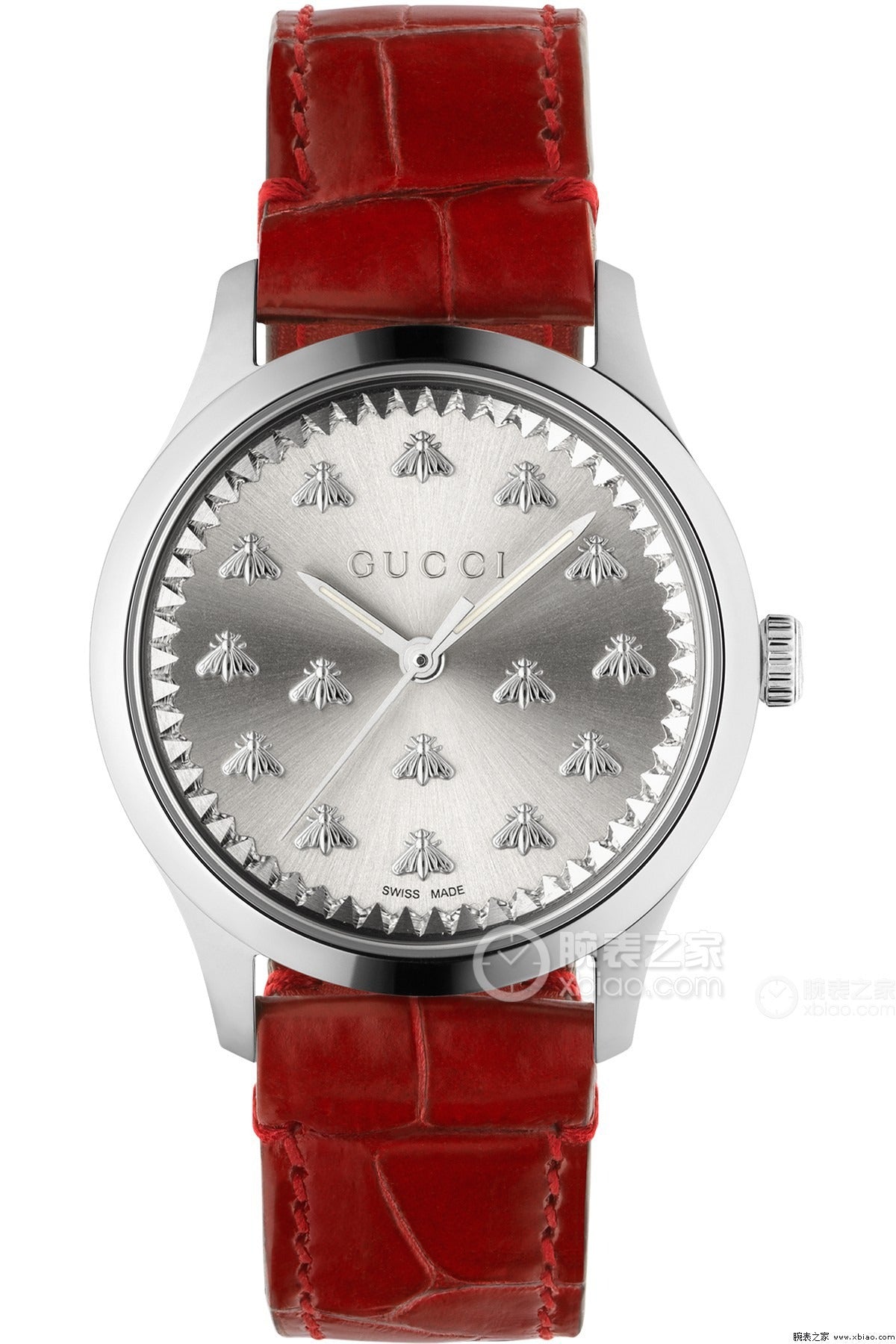 Close-up of silver dial featuring bee motifs and Gucci text with red crocodile leather strap