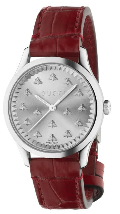 Gucci G-Timeless silver watch with bee-patterned dial and red leather strap