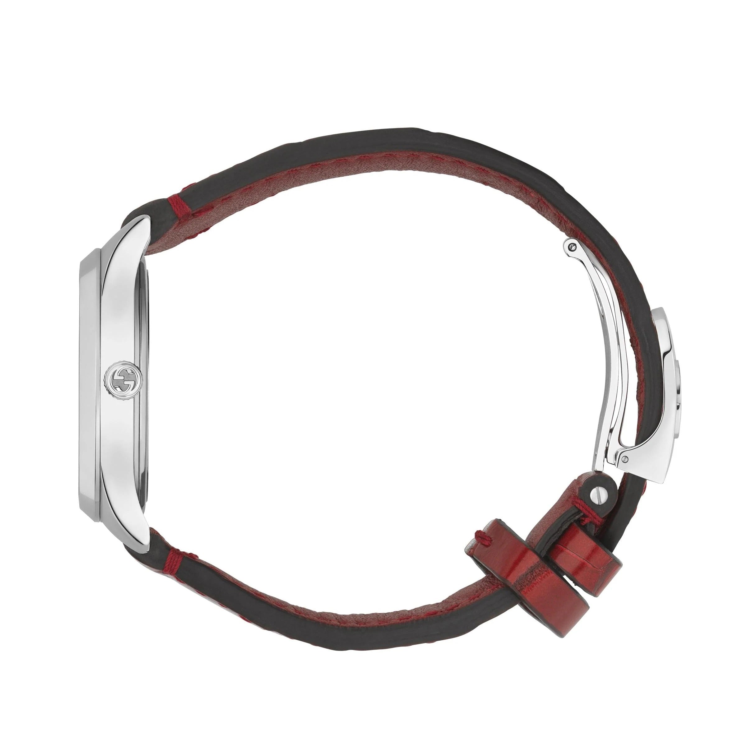 Side view of Gucci G-Timeless watch showing red leather strap and case profile
