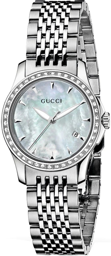 Gucci G-Timeless womens watch with mother-of-pearl dial and diamond bezel on steel bracelet