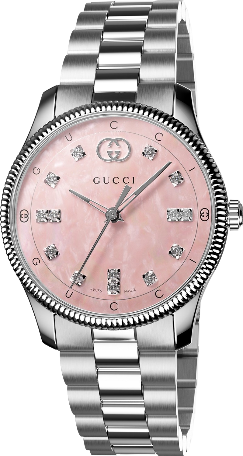 Gucci G-Timeless 29mm steel women's watch with pink dial and diamond markers