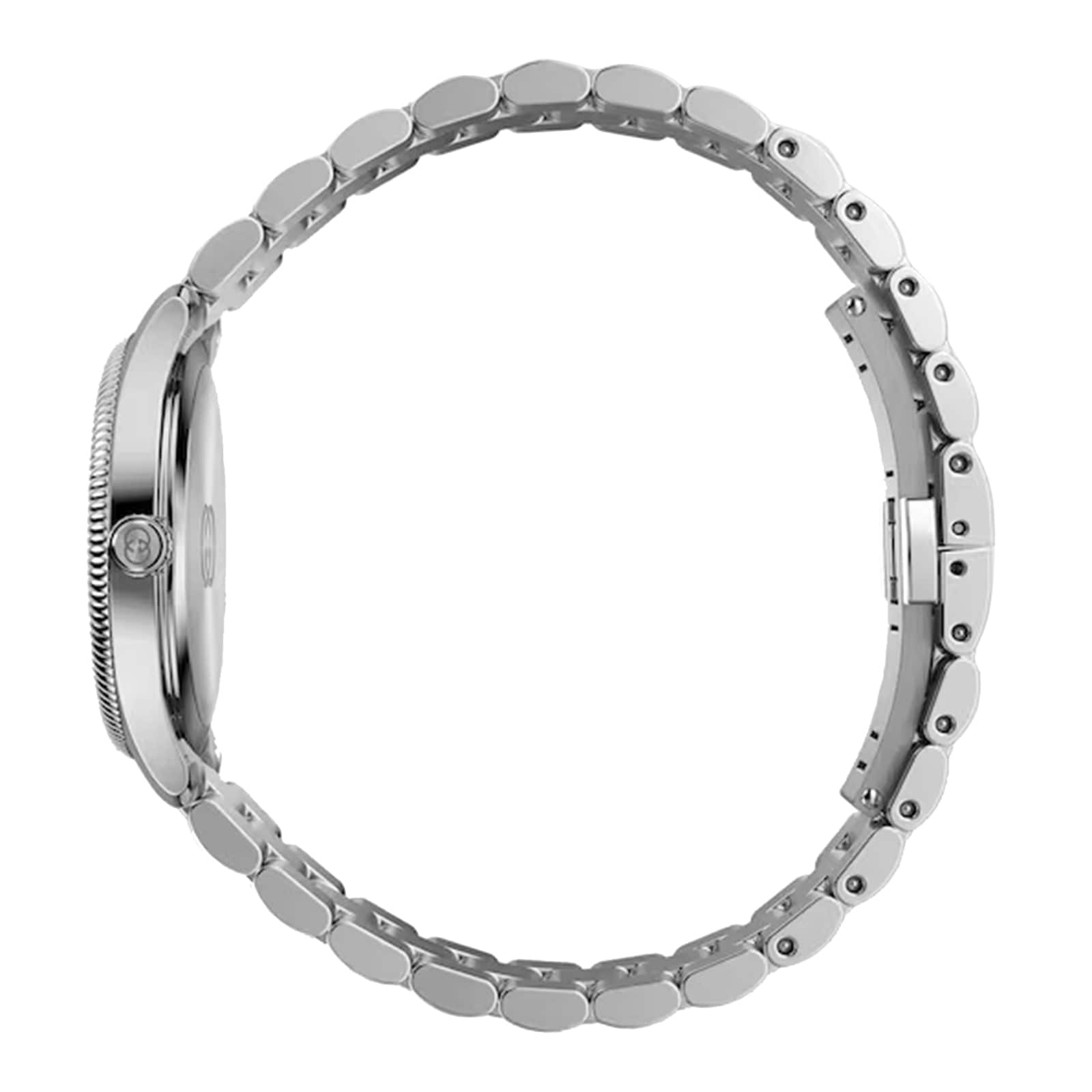 Gucci G-Timeless steel bracelet and case shown on wrist
