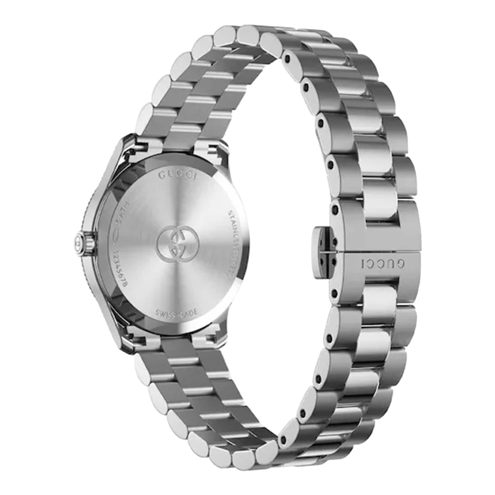 Gucci G-Timeless 29mm steel watch side view showing case profile and bracelet