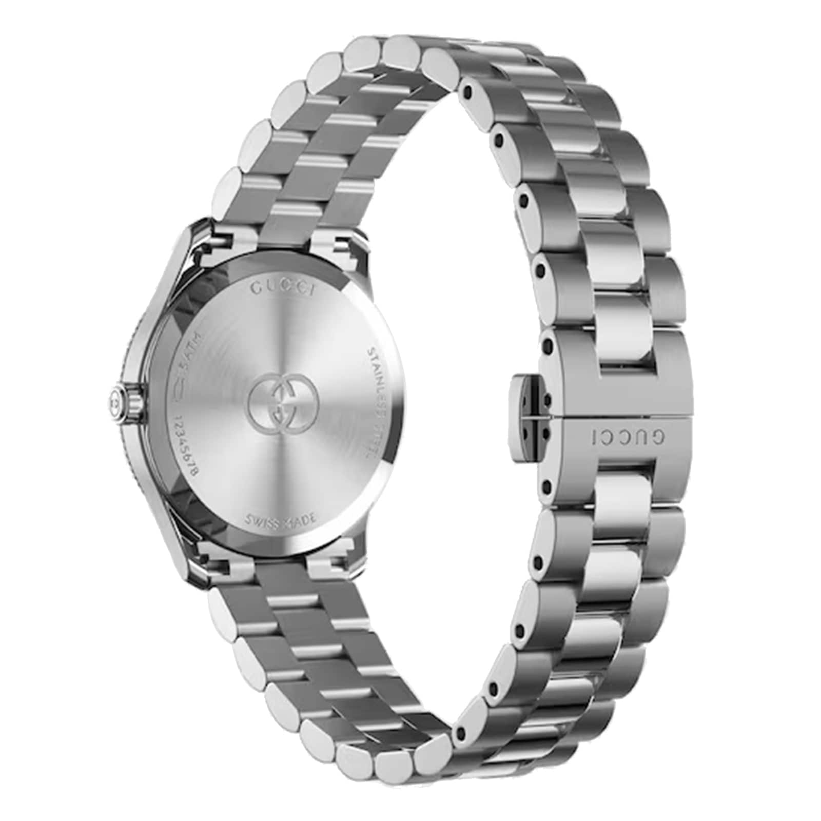 GUCCI G-Timeless watch caseback showing stainless steel with two-tone design and bracelet detail