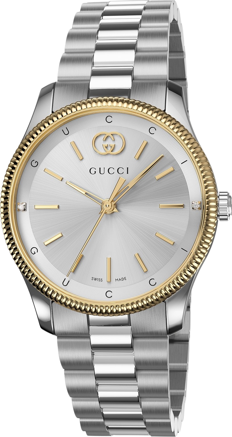 GUCCI G-Timeless 29MM watch with silver dial, gold-tone bezel, and two-tone stainless steel bracelet