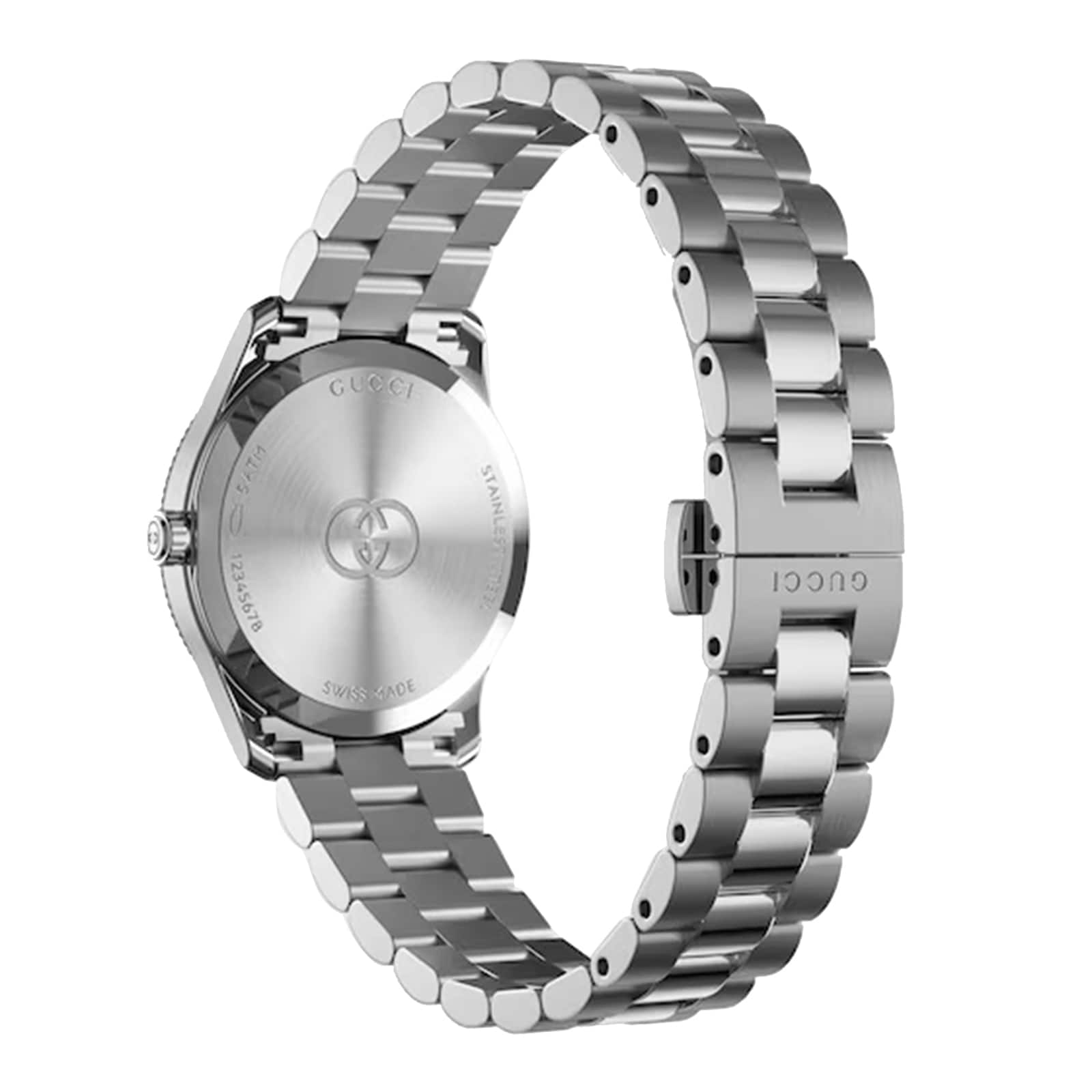 Gucci G Timeless women's watch three-quarter view showing silver steel bracelet and white dial