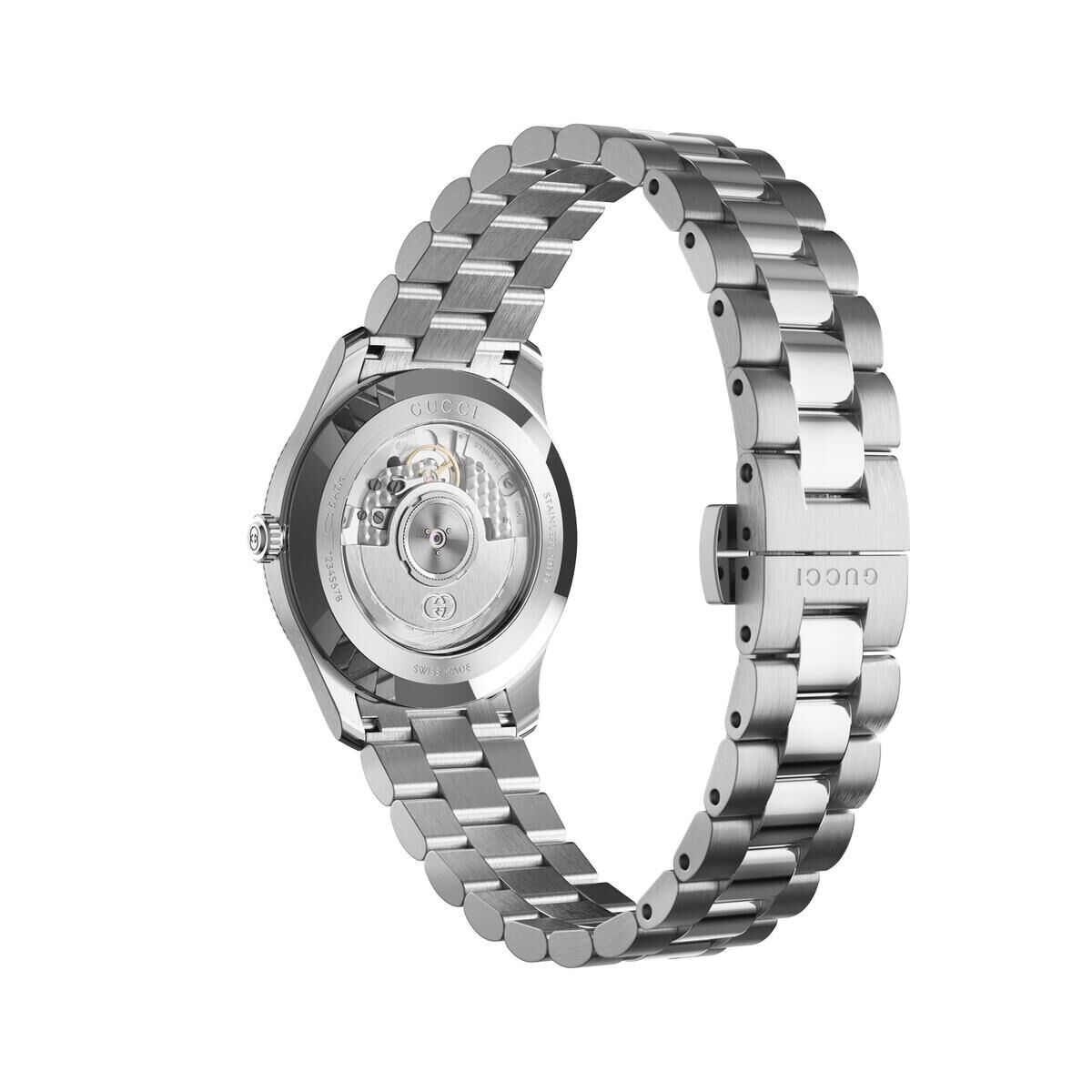Gucci G Timeless women's watch caseback view showing transparent display and steel bracelet