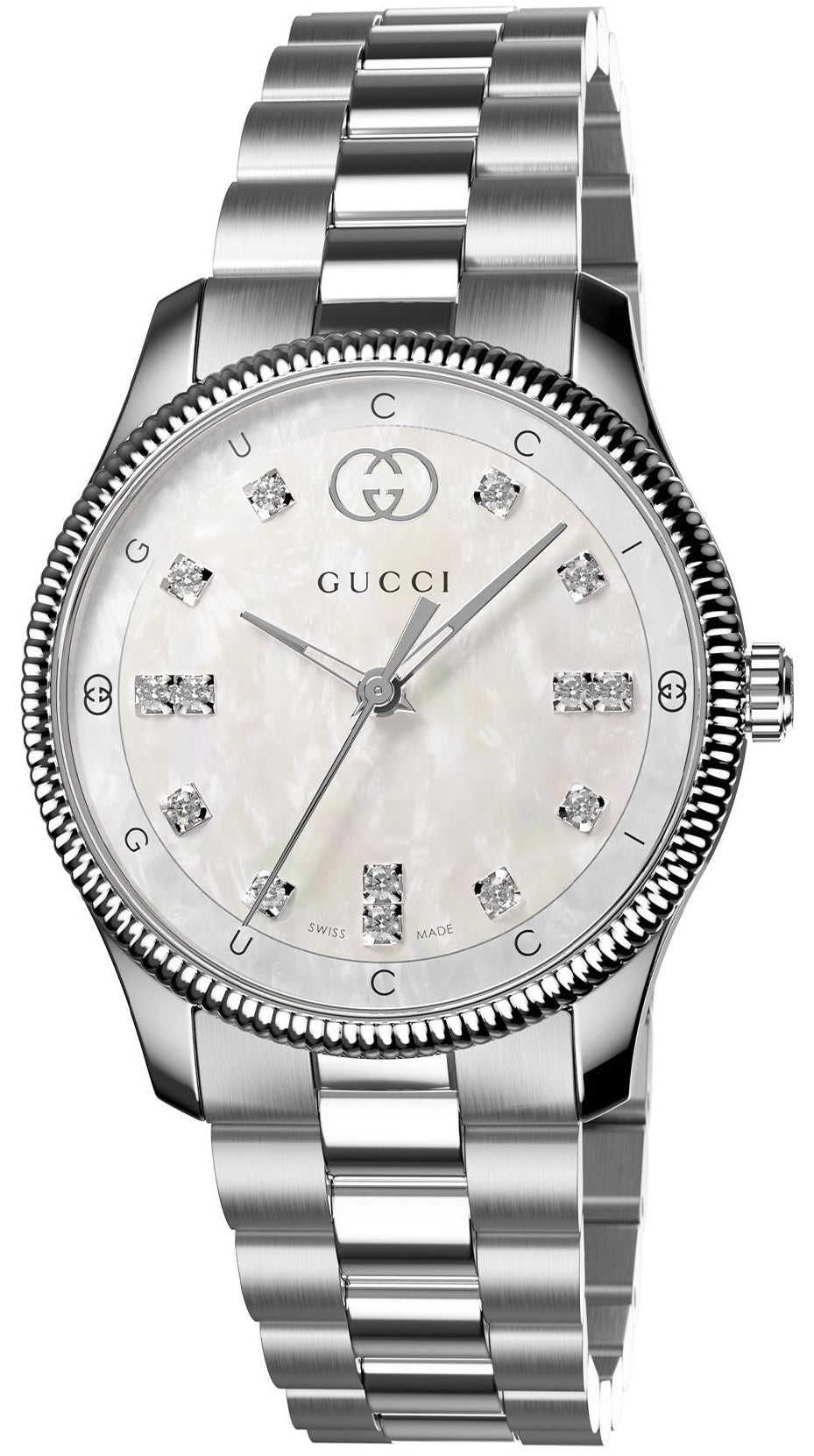 Gucci G Timeless Diamonds women's watch with white dial, diamond markers, silver steel bracelet