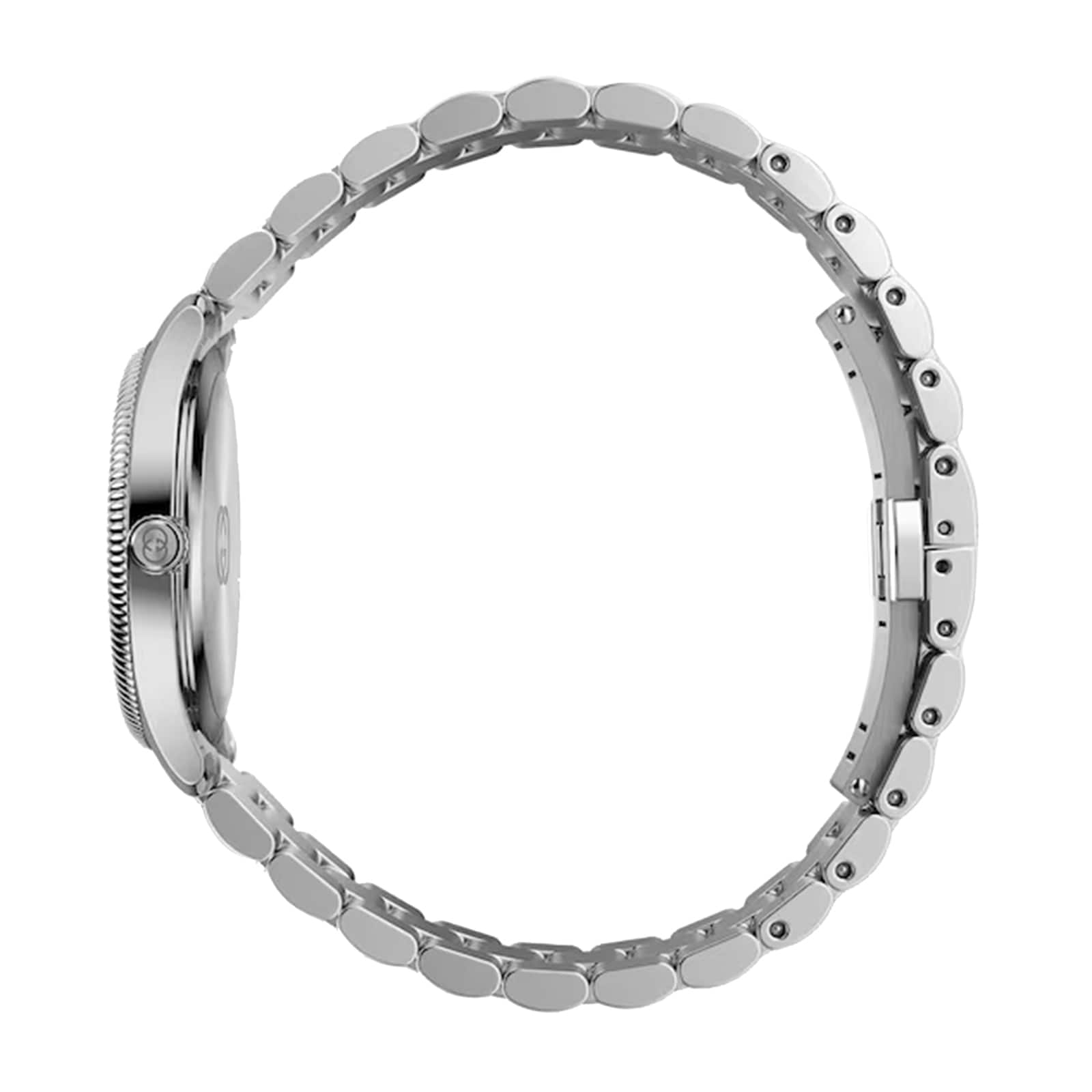 Gucci G Timeless women's watch side profile showing case depth and steel bracelet links