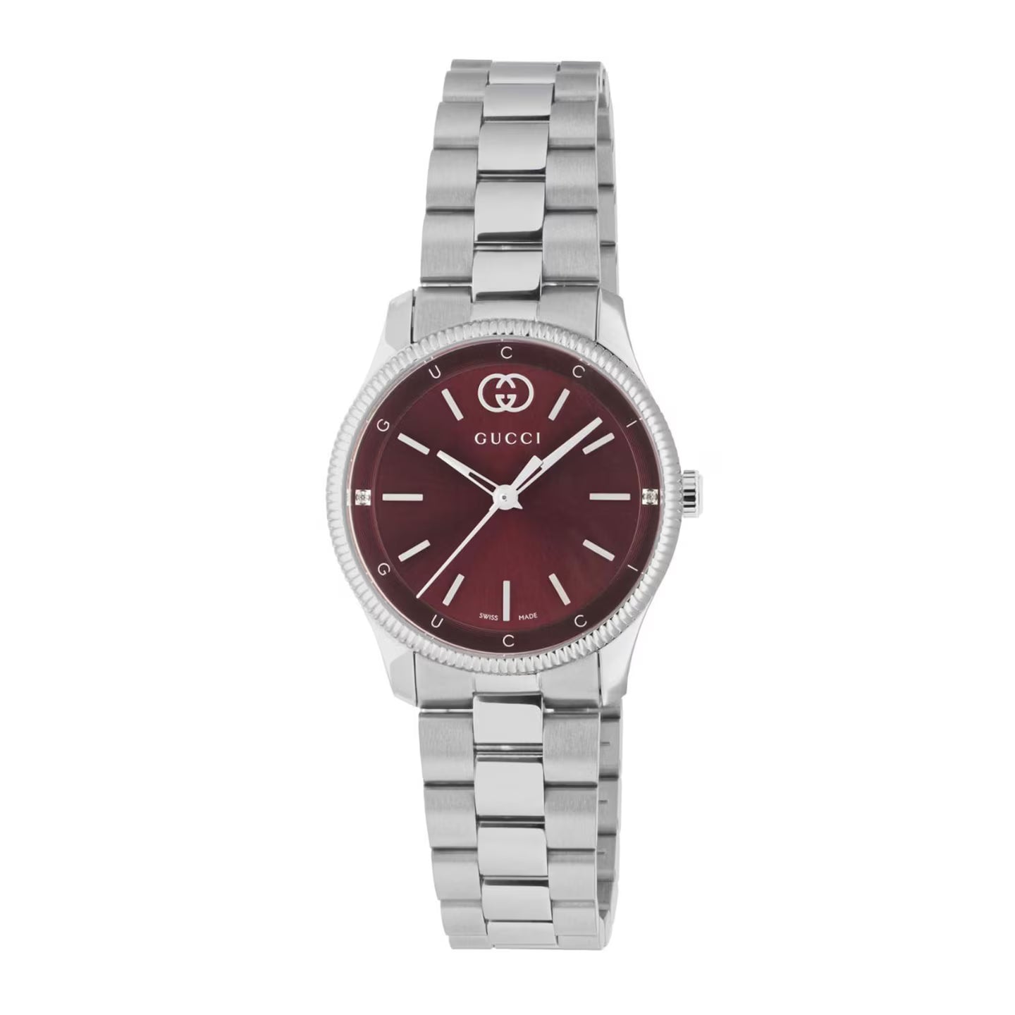 Gucci G-Timeless ladies watch with burgundy dial and stainless steel bracelet