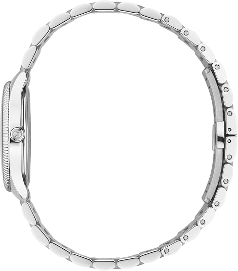 Side view of Gucci G-Timeless watch showing thin case profile and stainless steel bracelet