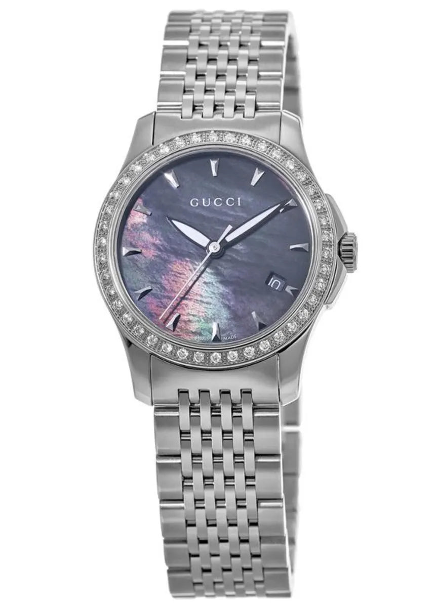 Gucci G-Timeless diamond womens watch with mother-of-pearl dial and stainless steel bracelet
