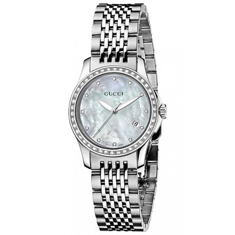 Gucci G-Timeless women's watch with mother of pearl dial, stainless steel case and diamond-set bezel