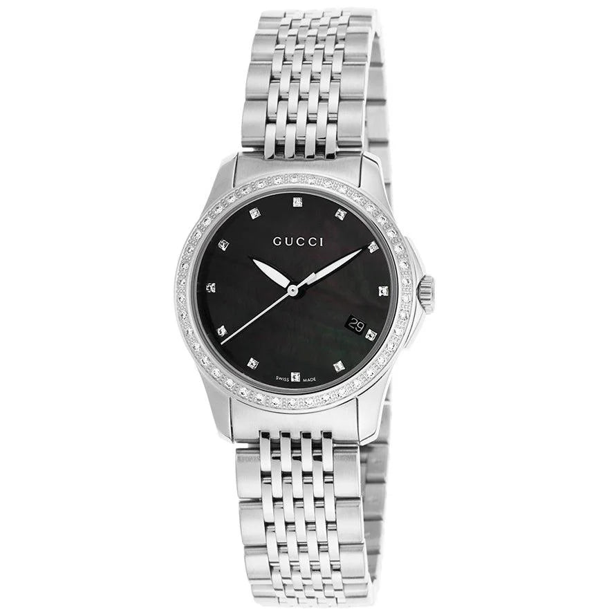 Gucci G-Timeless stainless steel women's watch with diamond bezel and black dial