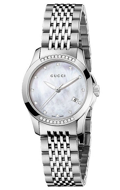 Gucci G-Timeless mother of pearl ladies watch with diamond bezel and stainless steel bracelet