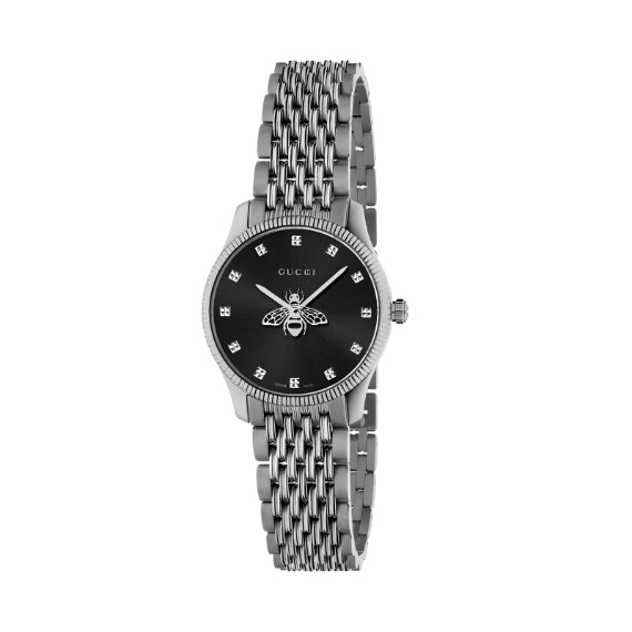 Gucci G-Timeless 29mm black dial women's watch with bee motif and stainless steel mesh bracelet