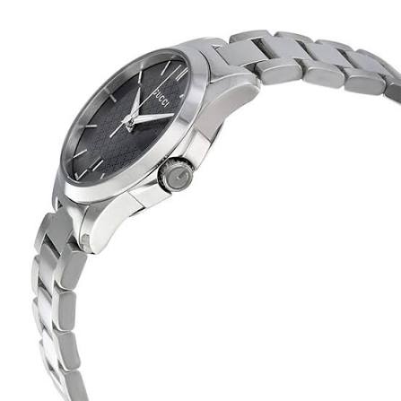 Gucci G-Timeless 27mm womens watch side view showing stainless steel case and bracelet